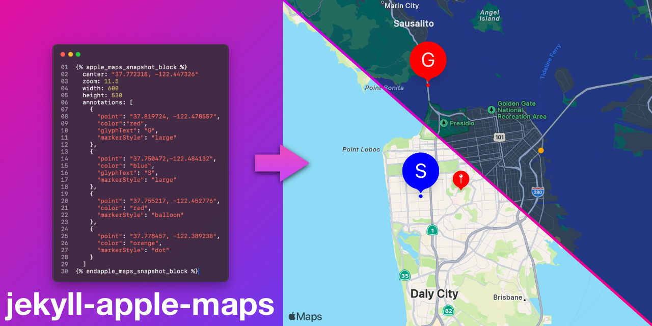 jekyll-apple-maps hero image that shows converting liquid template tags to an apple maps image